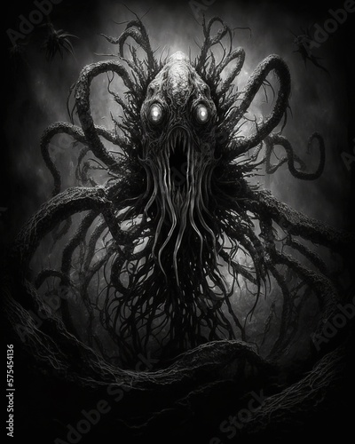Eldritch Cthulhu Creature With Writhing Tentacles and Pulsing Veins Horror Character. Generative AI. photo