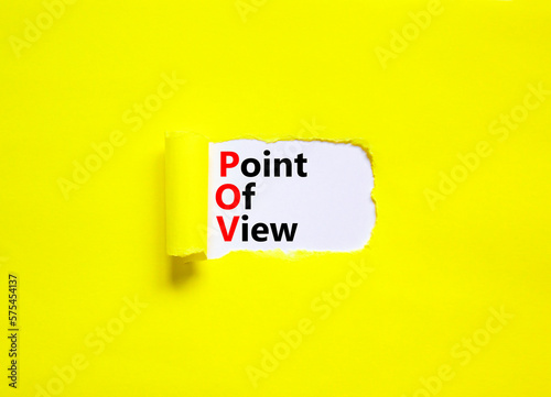 POV point of view symbol. Concept words POV point of view on white paper on a beautiful yellow background. Business and POV point of view concept. Copy space.