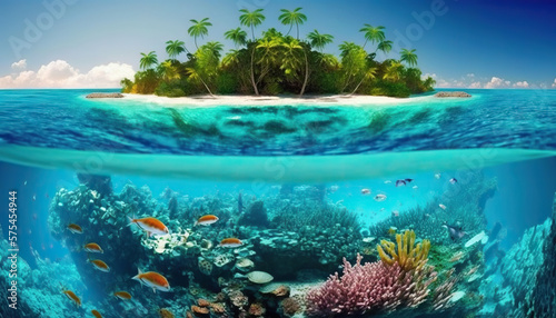 Waterline between tropical island and coral reef. Based on Generative AI