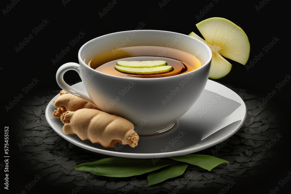Ginger root and ginger slices in a hot teacup, isolated on a gray background. Generative AI Ginger root and ginger slices in a hot teacup, isolated on a gray background. Generative AI