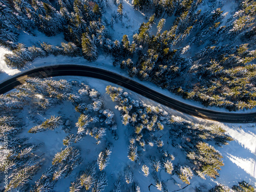 View from above on snowy windy road in mountains. Kopaonik, Serbia