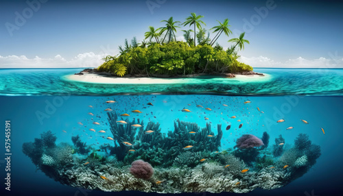 Waterline between tropical island and coral reef. Based on Generative AI © Yeti Studio