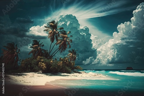 Palm fringed beach on a tropical coast. Ocean, lush island vegetation, and billowing clouds in the sky. A mystical glow. Generative AI © 2rogan