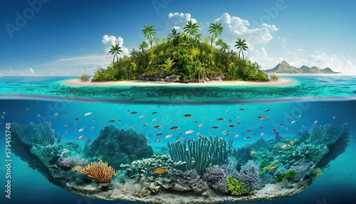 Photographie Waterline between tropical island and coral reef