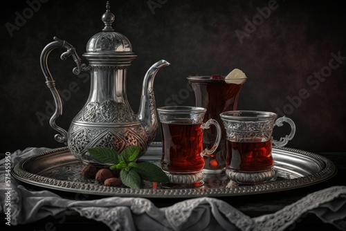 Traditional glasses for drinking mint tea from Morocco, along with an antique teapot on a silver serving tray. The backdrop was grey. The action is up close and personal. This is a great perspective
