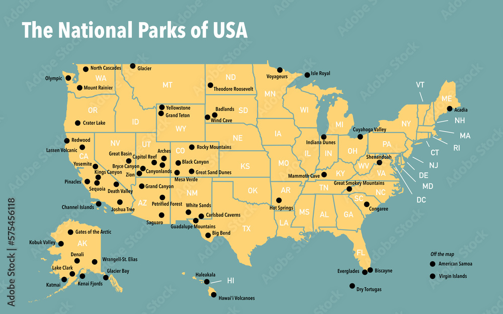 Map with the national parks of the United States Illustration Stock | Adobe  Stock