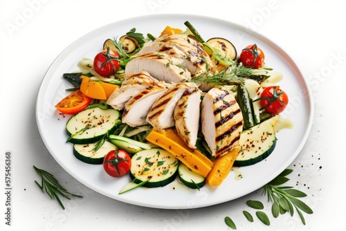 Salad with grilled chicken, tomatoes, zucchini, and carrots, against a white wooden background. Generative AI