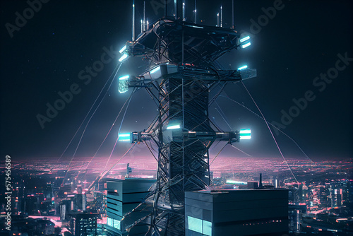 5G network transmitters on the roof of a skyscraper. Antenna for the 5G cellular network. High quality illustration.Transmission tower and radiation, banner format. Ai generated illustration