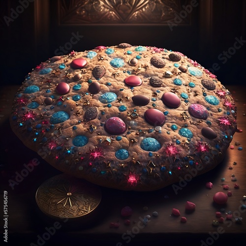 giant cookie covered in rubies and diamonds, heaven, Fiber Optic, Moody Lighting, Cinematic Lighting,UHD, 16k, 8k, cinematography, photorealistic, Cinematic, Color Grading, Ultra-Wide Angle, Depth of 