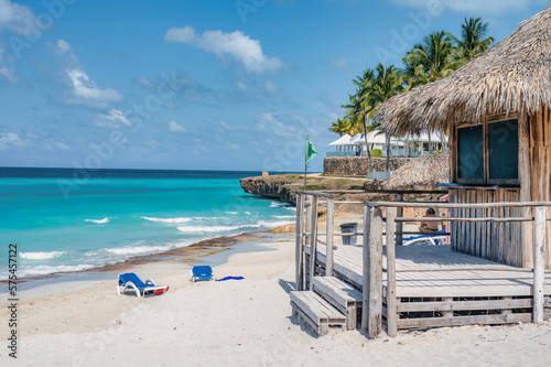 Varadero beach in Cuba in the year 2023. Blue sea  clear sky and many tourists on the beach.