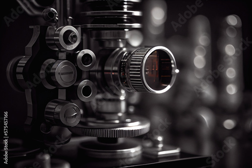 Close-up shot of microscope with metal lens at laboratory. Generative AI.