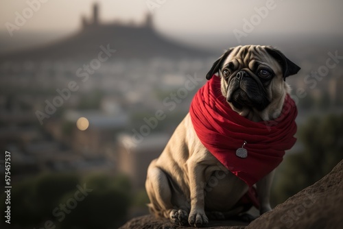 Photographie Stylish Pug takes in the stunning city view from hilltop perch - generative AI
