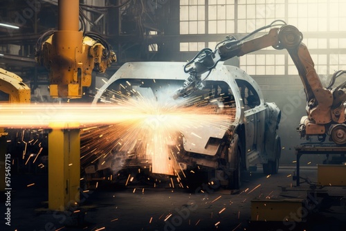 In motion, welding robots at a car assembly plant. Generative AI