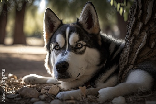 Contented Siberian Husky basks in the peaceful ambiance of the park - generative AI