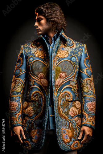 Männermode Extravagant Haute Couture Inspieriert Brainstorming Inspiration Illustration Generative AI Digital Art Cover Magazin Muster 