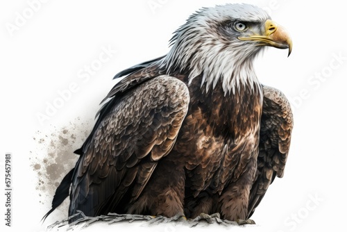 Photograph of an old (22 years) Bald Eagle (Haliaeetus leucocephalus) against a white background. Generative AI © 2rogan