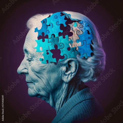 The concept of Alzheimer's disease, An elderly woman, symbolic puzzles, holding the brain, World mental health, Memory loss, dementia, Parkinson's disease, generated in AI