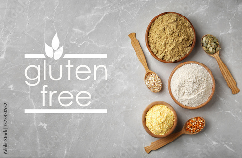 Gluten free products. Different types of flour and text on grey table, top view