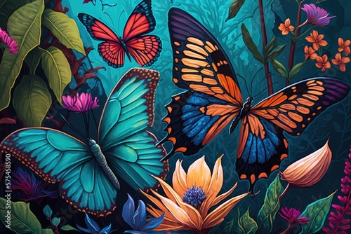 Nature s beauty  garden full of colorful butterflies and flowering plants  generative AI