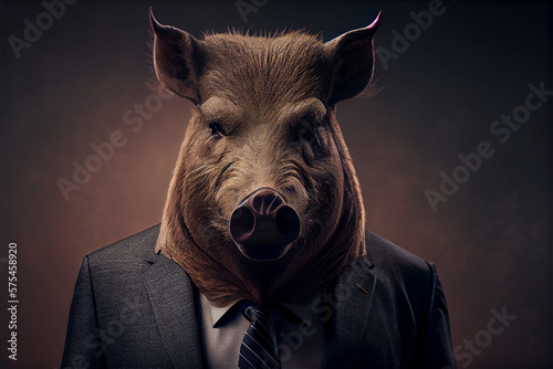 Humanized boar dressed in a formal business suit. Wild pig wearing tie and jacket.  High quality ai generated illustration. photo