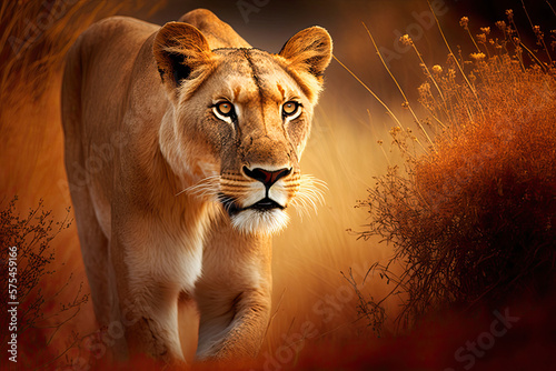 majestic lioness prowling through the savanna , ai generated