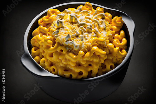 macaroni and cheese in a black bowl , ai generated photo