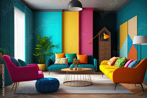 Interior design of a living room with brightly colored , ai generated