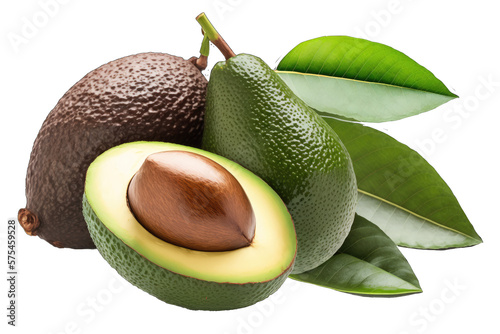 hass avocado fruits with leaves isolated on transparent background , ai generated photo