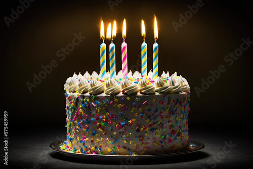 birthday cake decorated with colorful sprinkles and candleflame , ai generated photo
