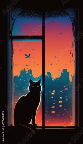 A silhouette of a cat with a colorful night cityscape. Generative AI illustration.