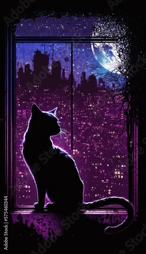 A silhouette of a cat with a colorful night cityscape. Generative AI illustration.