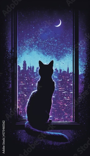 A silhouette of a cat with a colorful night cityscape. Generative AI illustration.
