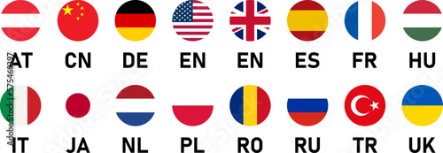 Round Flag Icon Set of Austria Bulgaria Germany UK USA France Hungary Italy Japan Netherlands Poland Romania Russia Spain Turkey Ukraine China Flag Button Signs with Language Codes. Vector Image.