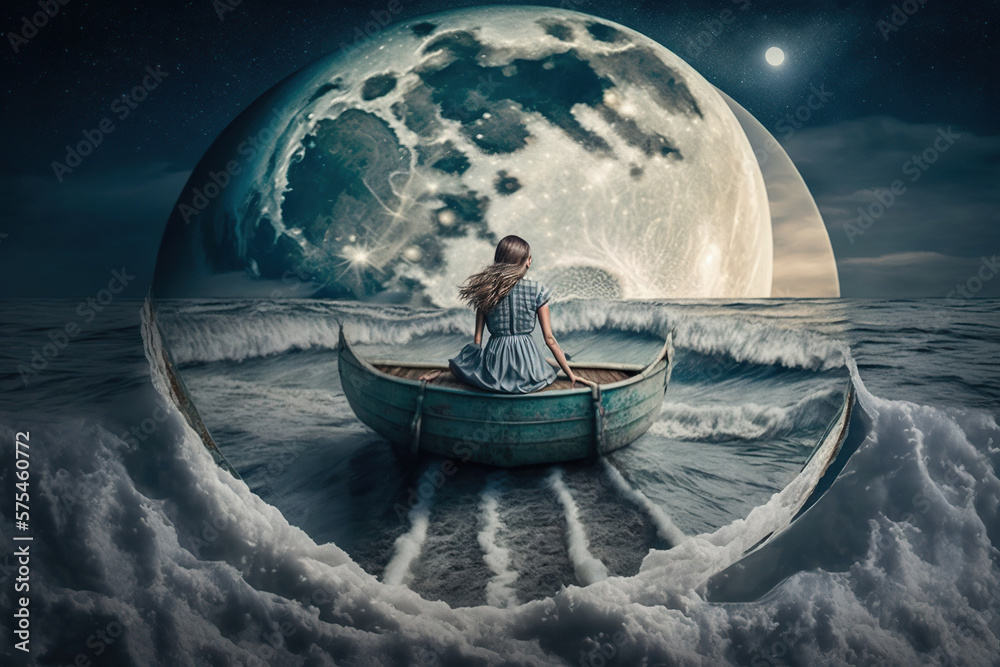 ภาพประกอบสต็อก The girl sits on the moon like in a boat and floats on