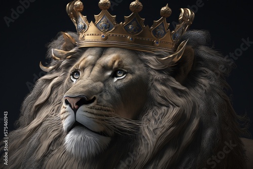 King of the animals. Lion with a crown close-up as a digital illustration (Generative AI)