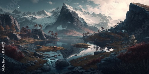 Breathtaking landscape in the mountains as a digital illustration (Generative AI) © senadesign
