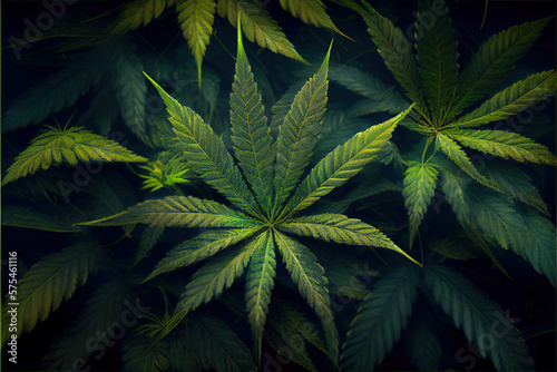 Marijuana leaves, cannabis on a dark background. Generative backdrop