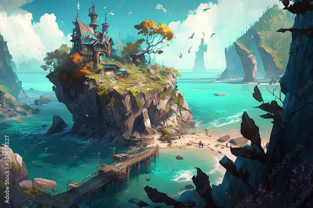 Emerald green coloured sea with floating islands concept art. Fantasy