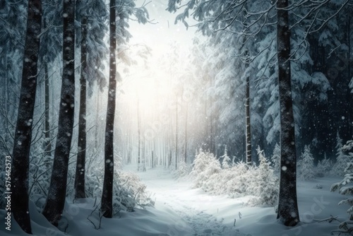 Sun rays in an isolated snowy forest after snow (generative AI)