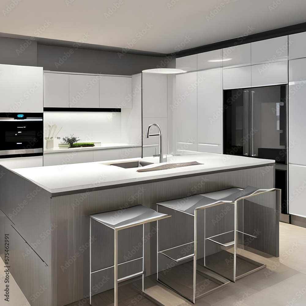 1. A sleek, contemporary kitchen with stainless steel appliances and sleek, white cabinetry.2, Generative AI 1. A sleek, contemporary kitchen with stainless steel appliances and sleek, white cabinetry.2, Generative AI