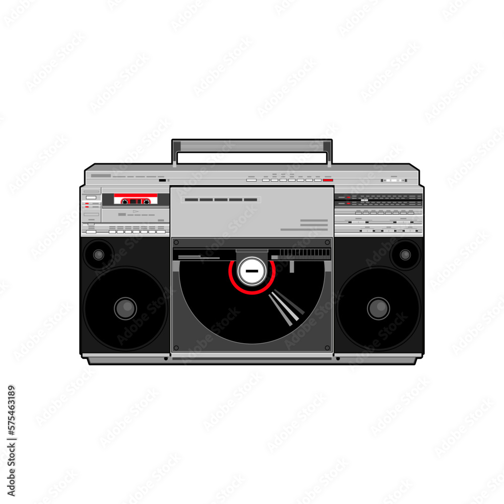Vector image of a classic Boombox or Ghetto Blaster. Inspired by the Sharp VZ-2500 Linear Tracking Turntable portable stereo model in black and red Vector image of a classic Boombox or Ghetto Blaster. Inspired by the Sharp VZ-2500 Linear Tracking Turntable portable stereo model in black and red