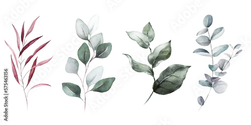 Watercolor floral bouquet branches collection elements set with green pink blush leaves, for wedding invitations, stationery, greetings, wallpapers, fashion, prints. Eucalyptus, olive green leaves.