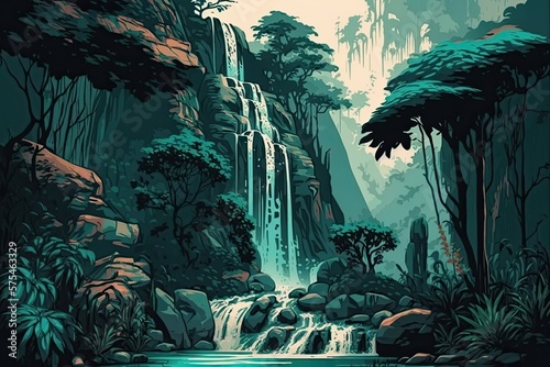 A cascading waterfall in a tropical forest, complete with a rocky backdrop and a pond the color of turquoise. It was given the name Banyumala because of the two waterfalls that cascade down the side o