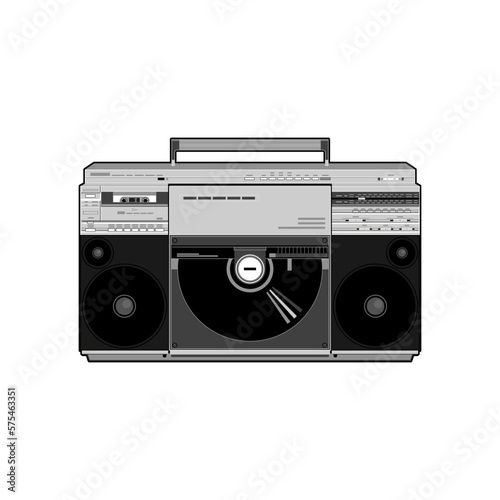 Vector image of a classic Boombox or Ghetto Blaster. Inspired by the Sharp VZ-2500 Linear Tracking Turntable portable stereo model in black and white 