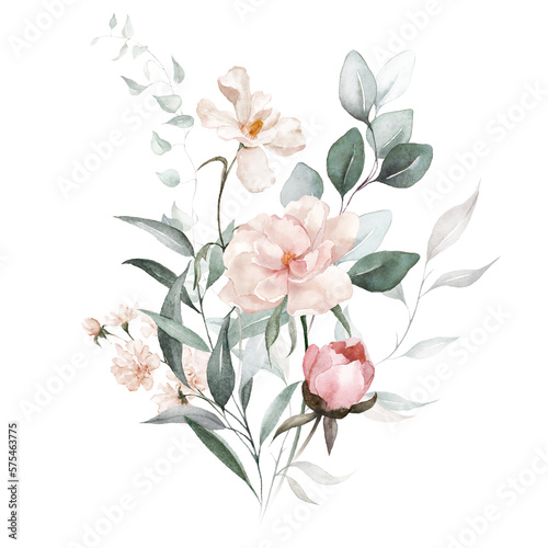 Watercolor floral bouquet with green leaves  pink peach blush white flowers leaf branches  for wedding invitations  greetings  wallpapers  fashion  prints. Eucalyptus  olive green leaves  rose  peony.