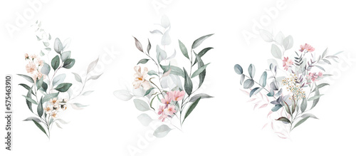 Watercolor floral bouquet set with green leaves  pink peach blush white flowers  leaf branches  for wedding invitations  greetings  wallpapers  fashion  prints. Eucalyptus  olive  rose  peony.