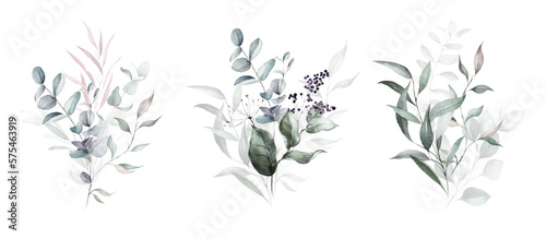 Watercolor floral bouquet branches set with green pink blush leaves  for wedding invitations  greetings  wallpapers  fashion  prints. Eucalyptus  olive green leaves.