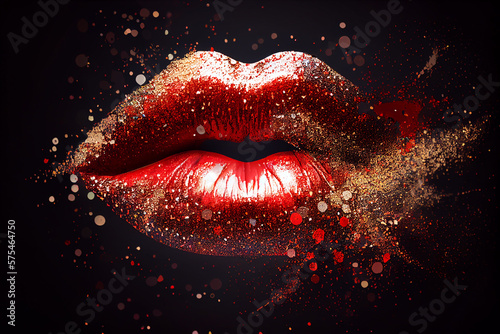 Female lips with red lipstick and glitter beauty make-up.