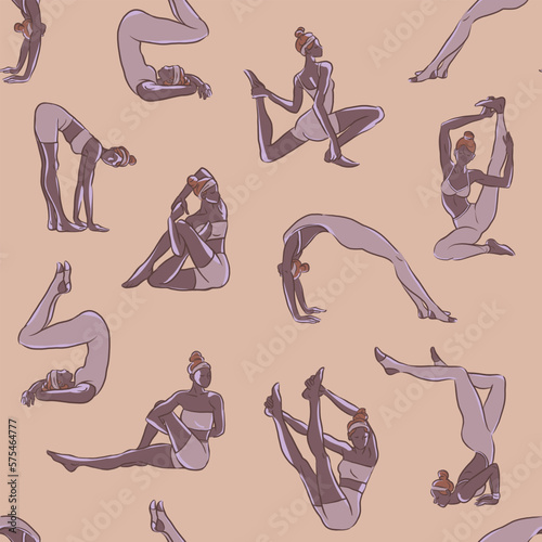 Seamless vector pattern with exercises of yoga girls in pastel neutral colours.
