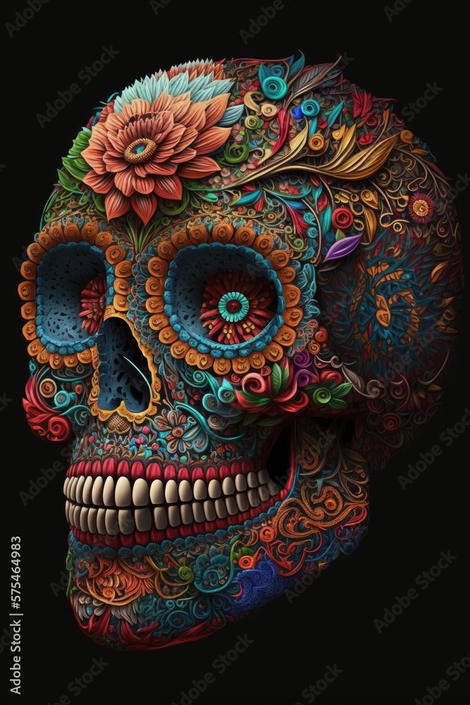 Fototapeta premium Mexican roses skull. Mexican roses skull. Vector illustration. Dia de los muertos shugar colorful head Generative Ai